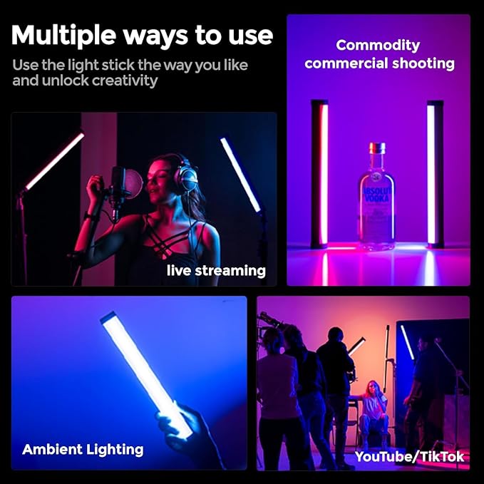 PHOTOOLEX 360°RGB Tube Light, LED Video Light Wand, Magnetic Light Stick | 2500K-9900K/360° Full Color/CRI 96+/2600mAh/Rechargeable/Handheld, Photography Light Bar for TikTok YouTube