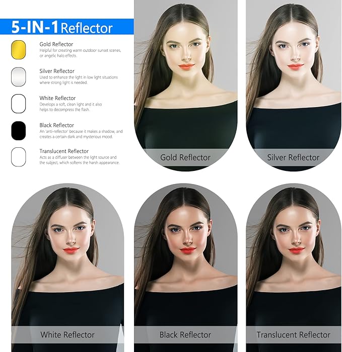 NEEWER 59"x79"/150x200cm Light Reflectors for Photography, Portable 5 in 1 Collapsible Multi Disc with Bag - Translucent, Silver, Gold, Black, White Diffuser for Studio and Outdoor Lighting
