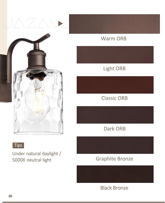 5-Light Bathroom Vanity Light,Hammered Glass,Oil Rubbed Bronze | 34.2 Inch Over Mirror Wall Light,E26 sockets,for bathroom mirror,powder room,dressing area