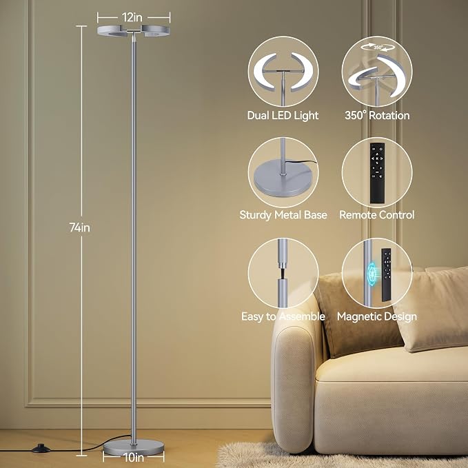 SUNMORY Floor Lamp for Living Room, 28W Bright LED Lamp with Remote Control | 1600lm Dimmable Rotatable Standing Light, 74" Tall Modern Reading Torchiere Uplighter for Bedroom Office Corner, Gray