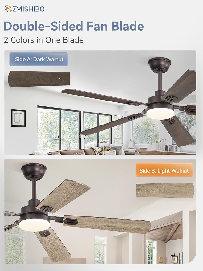 ZMISHIBO 52" Ceiling Fan with Light and Remote, Oil Bronze Farmhouse Indoor | 24W 2400LM Bright LED, 3CCT, Dimmable, App Control, Rustic Dual Finish Blades, Quiet&Strong Motor for Bedroom, Living Room