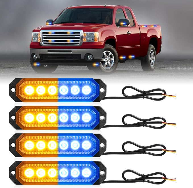 HLauto 406T Emergency Strobe Grille Lights: 4Pcs 6 LED Sync Feature Safety Warning Flashing Light, 12V-24V Ultra Slim Surface Mount Hazard Caution Light for Truck, Vehicle, Car, ATV, UTV (Amber Blue)
