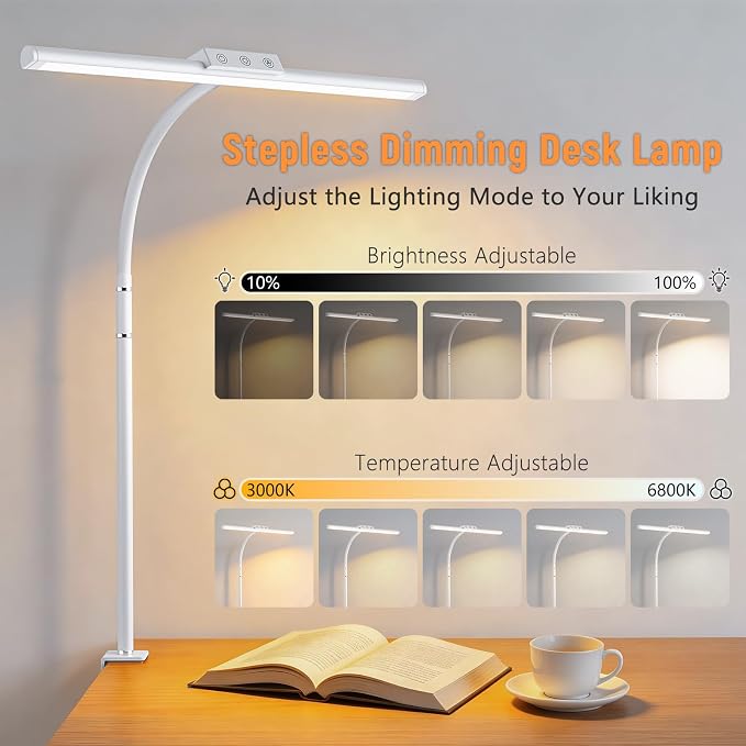 LED Desk Lamp for Home Office, Flexible Gooseneck Desk Lamp with Clamp, 5 Color Touch Control Stepless Dimming Adjustable Eye-Caring Desk Light with Adapter for Reading, Study, Workbench (White)