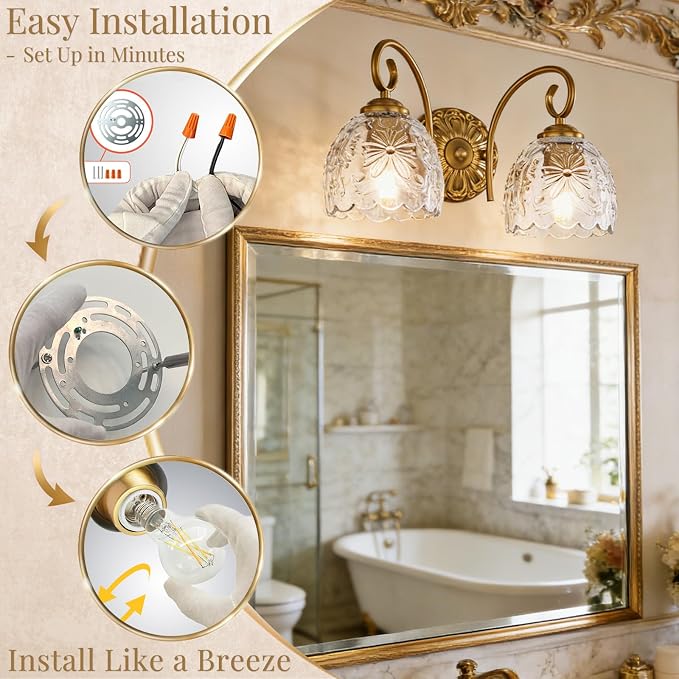 Hamilyeah Gold 2-Light Vanity Bathroom Light Fixtures Over Mirror, Vintage Vanity Lights Wall Sconce Light Fixture for Bathroom Vanity, Bedroom, Hallway, Farmhouse Bathroom Lighting