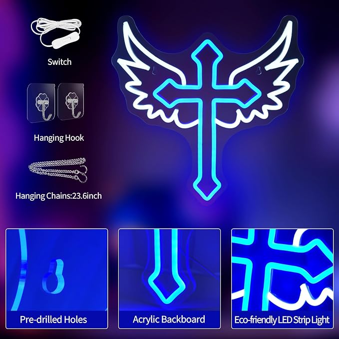 JEDAEMEN Cross Wings Neon Signs for Wall Decor White Blue LED Light Sign | Cross Led Sign Neon Lights for Preppy Room Decor Light Up Sign for Birthday Party Decoration USB Powered