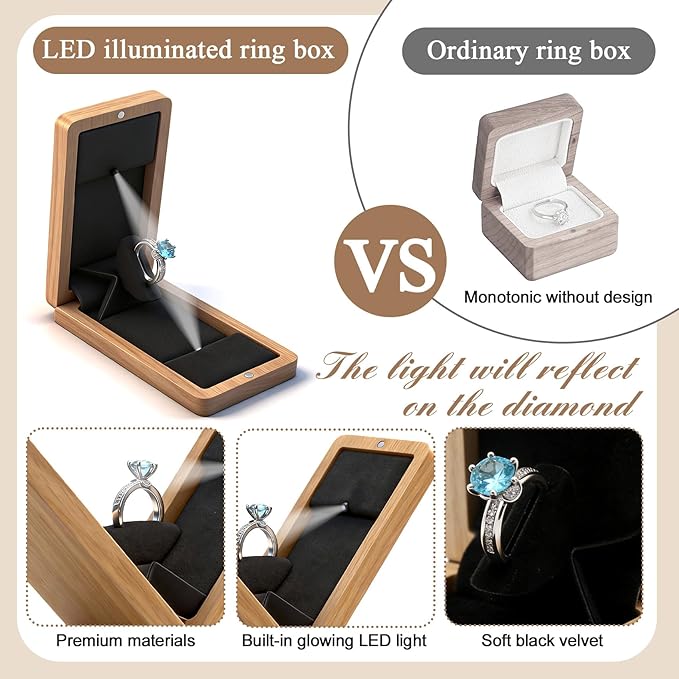Wooden Engagement Ring Box For Proposal Valentine's Day Jewelry Gift Box Wood Rotating Wedding Day Ring Box With Led Light Gift Packaging(White Oak)