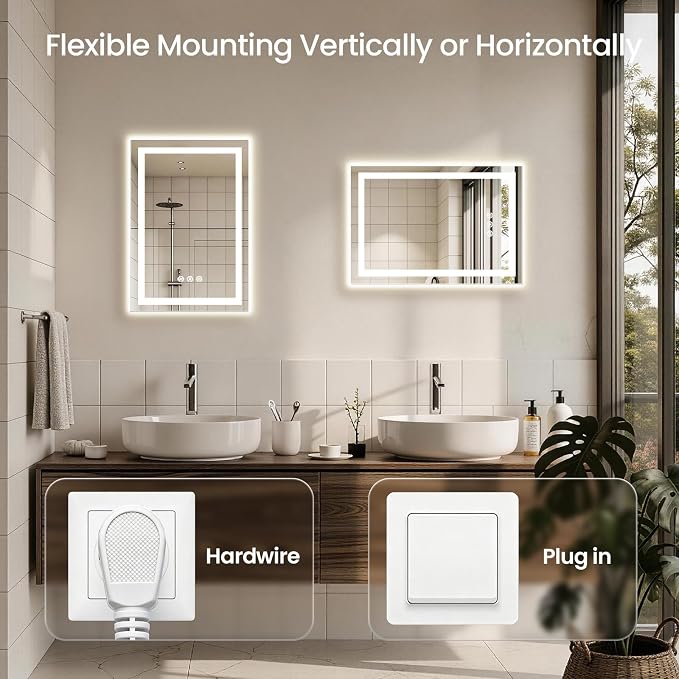 20x28 LED Bathroom Mirror with Anti-Fog, Backlit & Front Lit, Memory | Stepless Dimmable 3 Color CRI 95+ Shatterproof Tempered Glass ETL Listed for Safety Lighted Bathroom Vanity Mirror for Wall