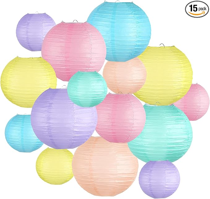 15-Pack Pastel Classroom Decor, Hanging Paper Lanterns for Parties | Macaron Rainbow Colors in 6, 8 & 10 Inch for Easter, Birthdays, Baby Showers, Weddings, Graduations, Mother's Day