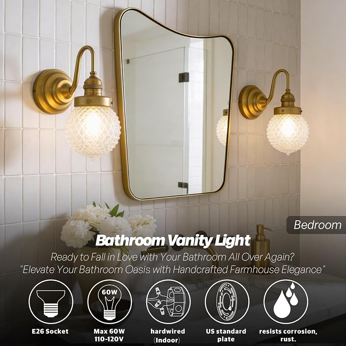Brass Gold Wall Sconce Clear Glass Bathroom Vanity Light | Vintage,Hardwired Indoor,Aged Brass Finish,Hand-Blown Thick Glass,for Bathroom Mirror Kitchen Hallway,UL-Listed E26 Socket