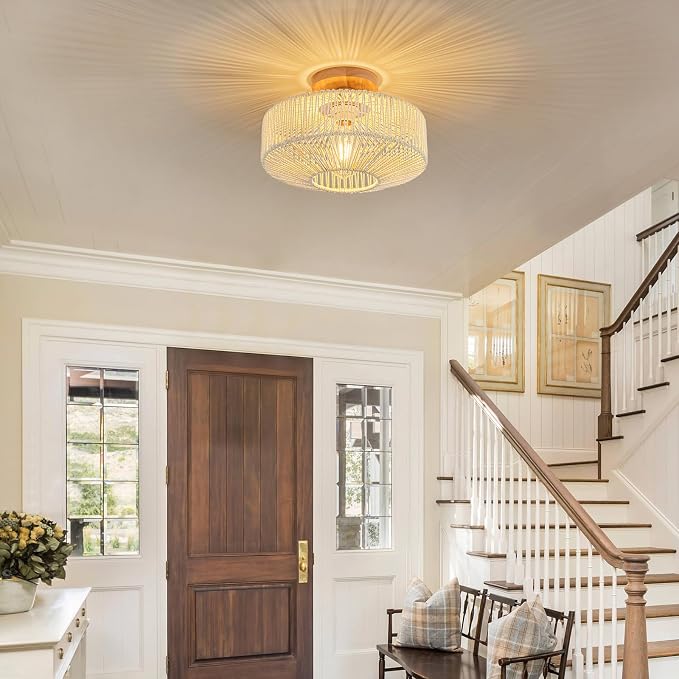 Rattan Light Fixtures Ceiling Flush Mount Boho Chandelier Bedroom Chandelier Ceiling Light for Nursery Hallway Entryway Kitchen Bathroom (Beige)