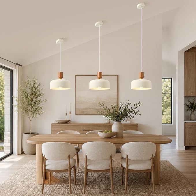 12" Mid Century Modern Pendant Lights, Cream White Shade, Wood Brass Accent | Rustic Farmhouse Over Table Kitchen Island Chandelier, Nordic Hanging Ceiling Lighting for Dining Room Bedroom Foyer Entryway