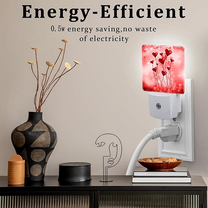 Red Hearts Night Light Plug into Wall,Romantic Sweet Heart Dusk to Dawn Night Light Plug in,0.5w Energy Saving Sleep Friendly NightLight for Kids, Ideal Gifts for Birthday Mother's Day