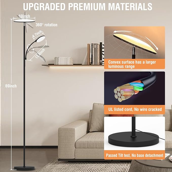 marctronic Floor Lamps for Living Room, 44W/4500LM Super Bright 2 in 1 LED Floor Lamp with Remote, Stepless Dimmable, 69" Tall Standing Floor Lamp with Bendable Reading Light for Bedroom Office