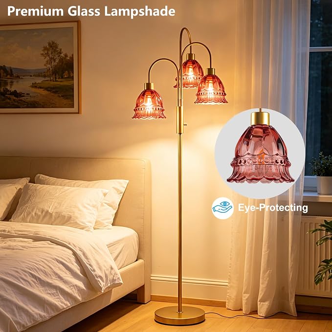 3-Light Glass Floor Lamp with Deep Red Ribbed Glass Shades, 70" Gold Dimmable Tall Standing Lamp with 3PCS 3000K Warm White Bulbs, Modern Tree Pole Lamp for Living Room Bedroom Home Office Corner