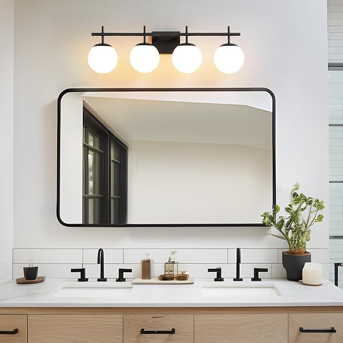 Bathroom Lighting Fixtures Over Mirror, 4-Light Matte Black Vanity Light, 30.7 Inch Modern Bathroom Light Fixtures with Milky White Glass Globe Shade Bath Vanity Lighting Fixtures Wall Sconce