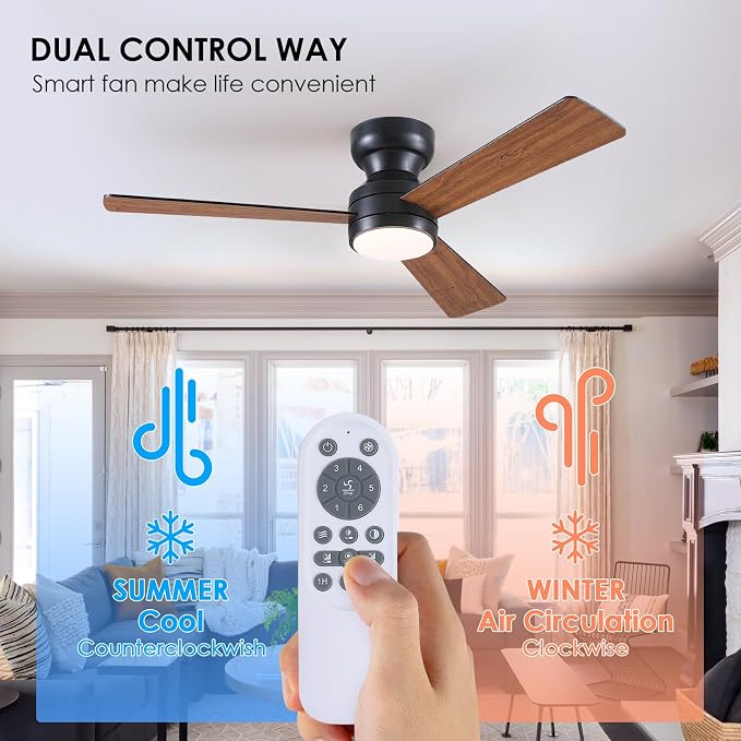 Asyko 46" Brown Modern Low Profile Ceiling Fans with LED Lights and Remote | Flush Mount,Reversible 6 Wind Speeds, Dimmable 3 CCT LED Light, 25W Quiet DC Motor,3 Double-Sided Blades,for Bedroom Kitchen