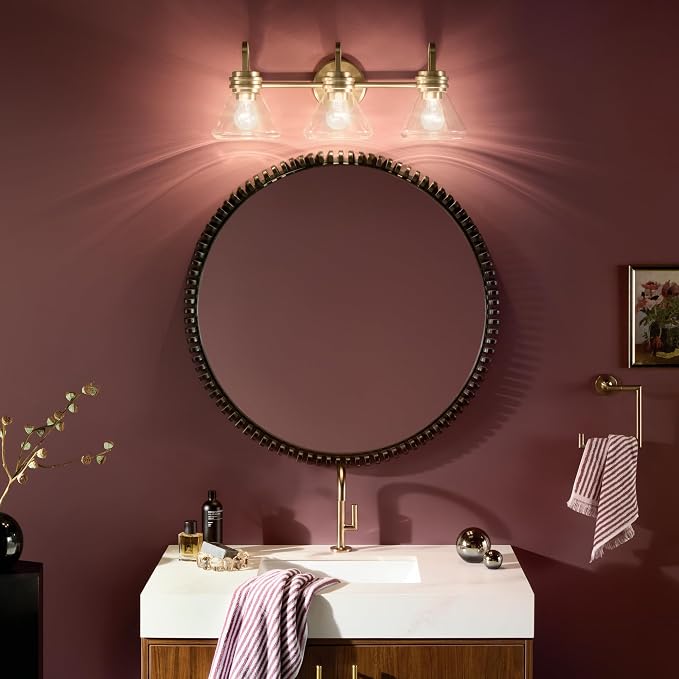 Kichler Farum 3-Light Bathroom Vanity Light, Champagne Bronze | Modern vanity light with clear glass for bathroom mirrors (26" x 9.5"), 55155CPZCLR