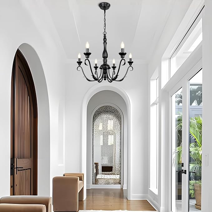 6-Light Black Chandelier, 23.62'' Farmhouse Rustic Chandeliers for Dining Room, Modern Industrial Metal Hanging Light Fixture, Vintage Chandelier for Foyer Entryway Hallway Kitchen