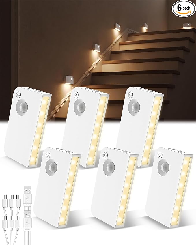 Motion Sensor Stair Light Indoor, Battery Operated Night Lights | Automatic, Wireless, Stick on Anywhere Portable LED Lamp for Step Toilet Hallway Bedroom Under Cabinet Closet Kitchen（6Pack）