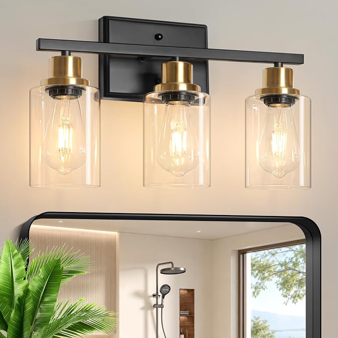 Ascher Bathroom Vanity Light Fixtures, 3 Light Wall Sconces Lighting with Clear Glass Shade, Black and Gold Wall Lights for Mirror, Kitchen, Living Room, Hallway, E26 Base (Bulbs Not Included)