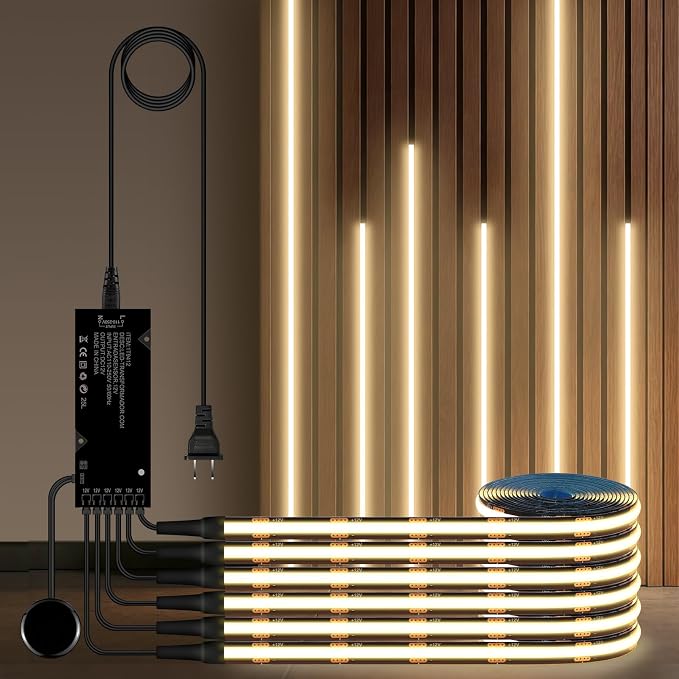 Touch Dimmable LED Under Cabinet Lighting 6PCS 12V 3.3Ft | Black COB Strip Lights Self-Adhesive Cuttable 4000k with 36W Adapter for Wood Slat Wall Panels Headboards Cabinet Shelves