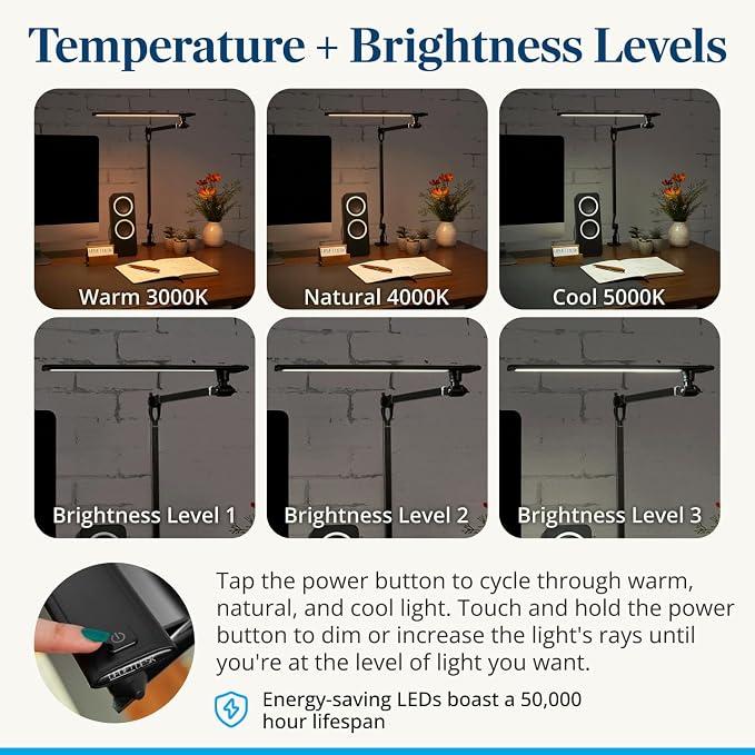 UPLIFTDESK E7 LED Desk Lamp with Clamp - 3 Color Mode Architect Desk Lamp | Dimmable Desk Lights for Home Office, Computer Desk Light with Adjustable Swing Arm, Modern Desk Lamp for Standing Desk