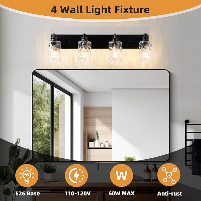 4 Light Bathroom Vanity Light Modern Black Bathroom Light Fixtures Over Mirror with Hammered Glass Lampshade for Kitchen Hallway