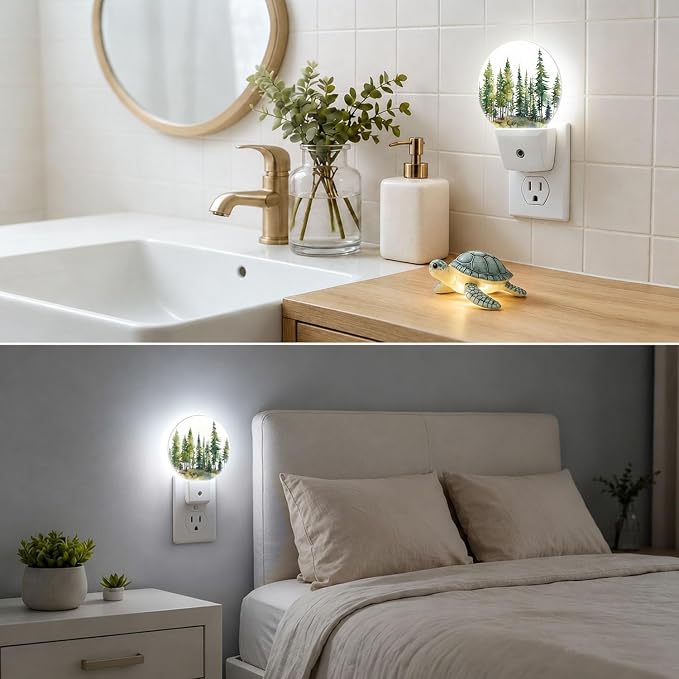 Nightlight Green Pine Tree Forest Plug-in Night Lights Dusk to Dawn | Nature Landscape Night Light LED Round Lamp with Auto on/off Sensor for Kitchen Hallway Bedroom Bathroom