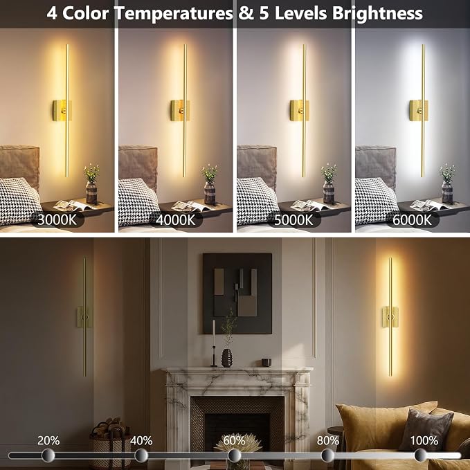 Eneru Battery Operated Wall Sconce 1 Pack, Gold Wireless Wall Light 31.5in | Rechargeable 10000mAh, Touch and Remote Control, 360° Rotate, 4CCT Dimmable, Wall Lamp for Living Room Bedroom Hallway