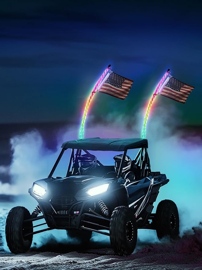KEMIMOTO 2pc 3ft Bluetooth Whip Lights for Side by Side, Turning Signal Function Compatible with Polaris RZR Can-Am Maverick X3, LED Whip Lights for UTV ATV Buggy Boat Offroad RGB