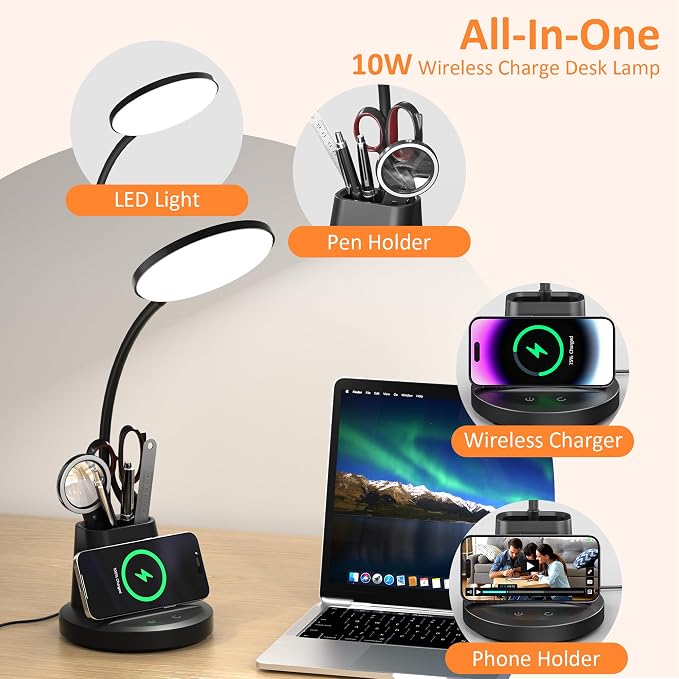 LED Desk Lamp with Wireless Charger for Home Office, Black | 3 Color Modes Dimmable Eye-Caring Study Desk Light for College Dorm Room, 360° Flexible Arm, Built-in Pen Holder, 800 Lumen