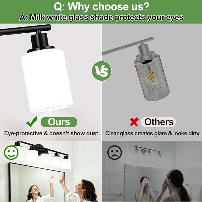 5-Light Bathroom Light Fixtures, Black Modern Vanity Lights with Milky White Frosted Glass Shades, Bathroom Wall Lamp, Clear Glass Shade, for Mirror, Living Room, Kitchen, Hallway, Cabinet, Porch