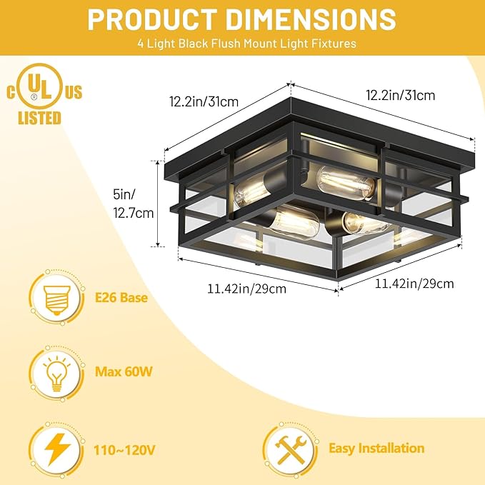 Asnxcju Black Flush Mount Ceiling Light, 4-Light Indoor Outdoor Light Fixtures for Porch with Clear Glass, 12 Inch Modern Close to Ceiling Lights for Bathroom, Covered Patio, Balcony, Foyer