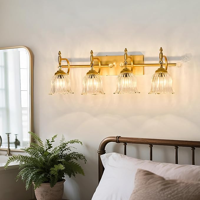 CVKASH 4-Light Bathroom Vanity Light Fixtures Over Mirror,Brushed Gold Modern Vanity Lights with Glass Shade Vintage Wall Sconce for Bedroom Dressing Room Living Room Hallway Cabinet