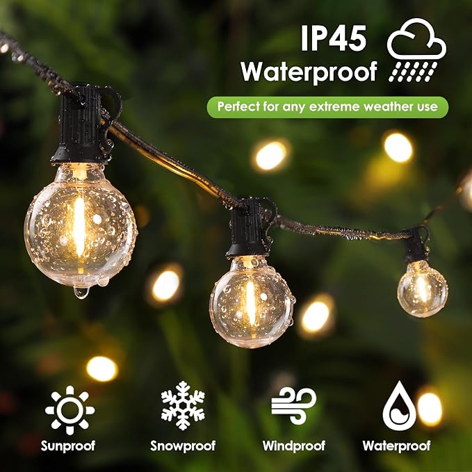 100Ft LED Outdoor String Lights, Dimmable Patio Lights, Waterproof Shatterproof 53 G40 Globe Bulb String for Backyard Bistro-Black 1 Pack