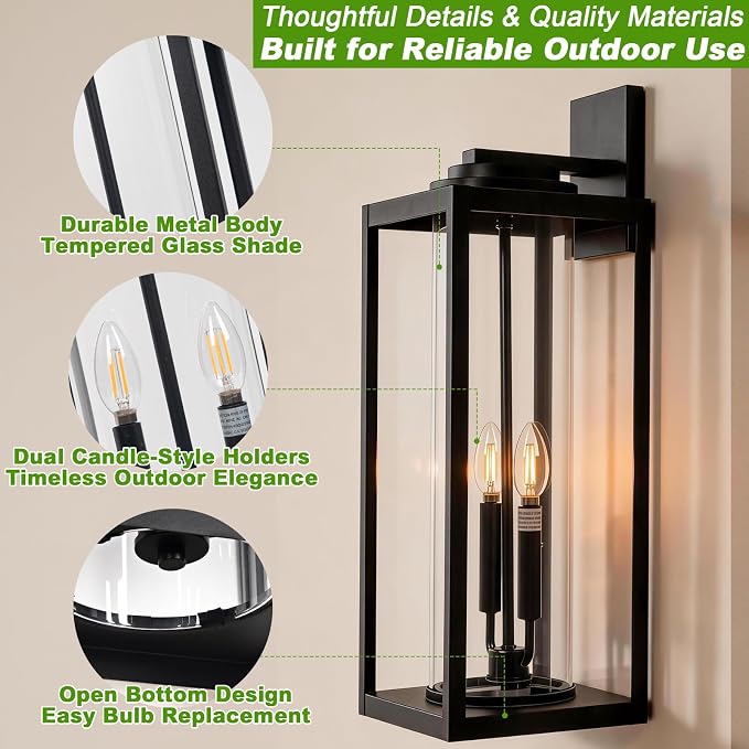 FILIYANO Large 24 Inch Outdoor Wall Light Fixtures, Black, 2-Pack | IP65 Waterproof, Anti Rust, Hardwired, Tempered Glass, E12, 2-light, Modern, Exterior, Porch, Garage and Front Door Lantern