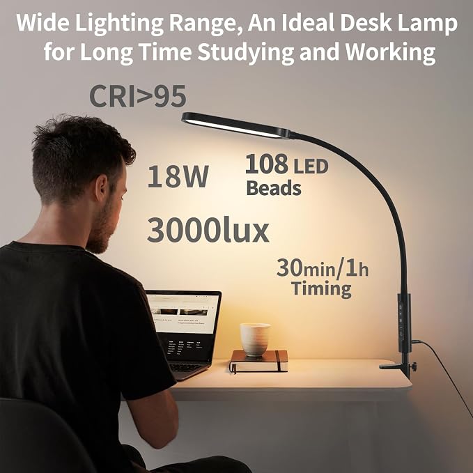 LUJOLUMIN 18W LED Clamp on Lamp with Remote Control and US Adapter | Metal Super Bright 3000LM Task Light, CRI 95, 3 Colors, for Office Desk Reading