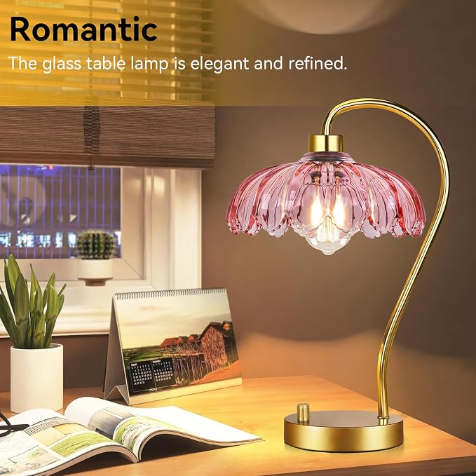 ILLMTW Pink Table Lamp Set of 2,Small Gold Bedside Lamps Dimmable Flower Bedroom Lamp with Glass Lamp Shade,Boho Vintage Mid Century Modern Mini Nightstand Lamp for Bedroom Living Room