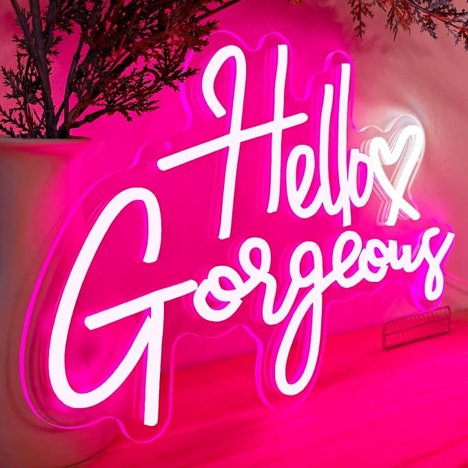Hello Gorgeous Neon Signs for Wall Decor with Heart, Pink Gorgeous LED Sign Lights for Bedroom Dorm Home Salon Wedding Party, Cute Makeup Dressing Beauty Room Decor, Preppy Girls Woman Cave