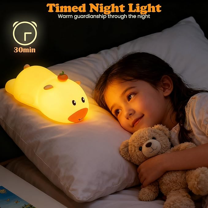 Night Light for Kids, Cute Capybara Silicone Night Light, 3 Brightness Levels Dimmable Lamp, Bedside Nursery Lamp with Timer, Squishy Rechargeable Animal Nightlight for Boys Girls Room Decor (Orange)