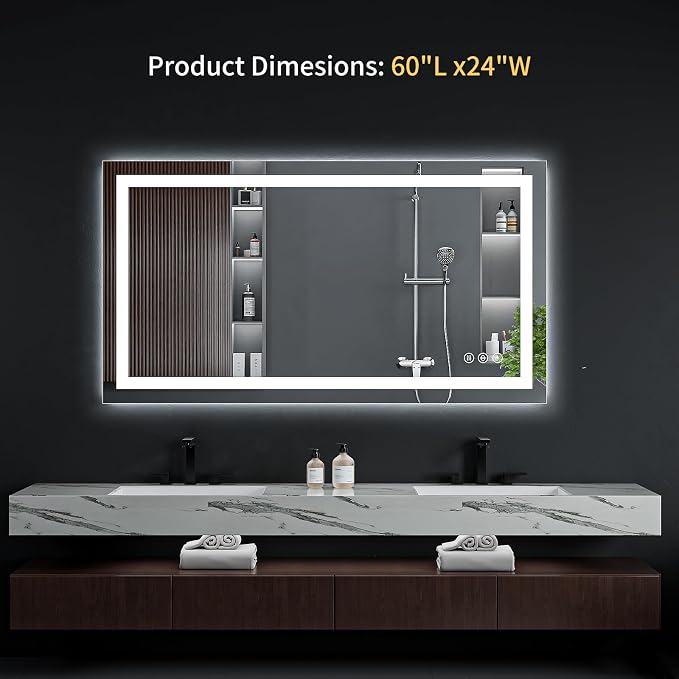 24"x60" LED Bathroom Mirror with Lights, Anti-Fog, Backlit+Frontlit | CRI 95, Stepless Dimmable, 3 Colors Lighting, Shatterproof Tempered Glass, HD Reflection, Memory, (Horizontal/Vertical)