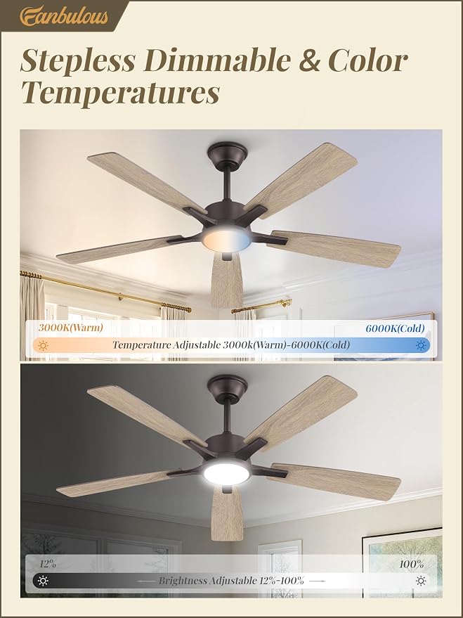 Fanbulous 52 Inch Ceiling Fans with Light, Oil Bronze, Remote & APP Control | Stepless CCT & Dimmable Light, 20W LED Ceiling Fan, 6 Speeds, Reversible Quiet DC Motor, for Bedroom, Living Room, Apartment