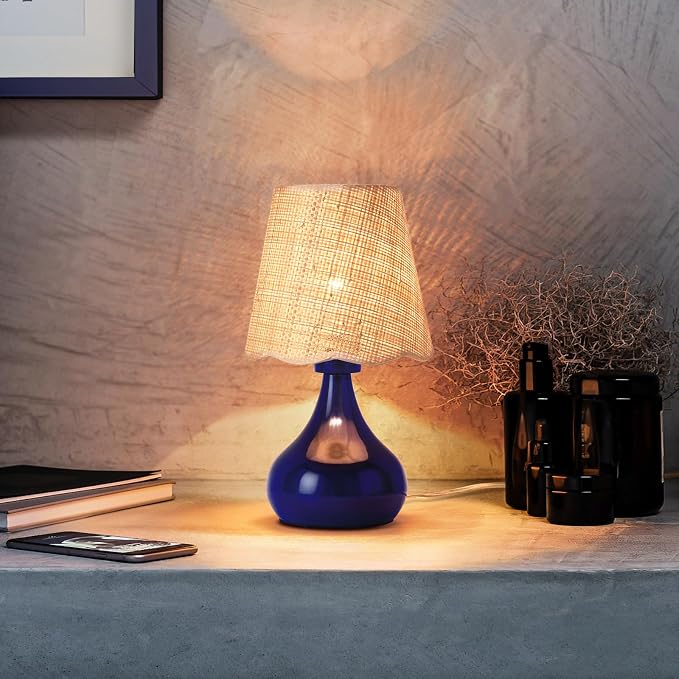 Ziqqeelam Navy Blue Small Table Lamp, Mini Bedroom Lamps for Bedside Nightstand, Rattan Shade Small Table Lamps for Small Spaces for Kitchen Counter, Bookshelf, Home Office, Living Room, Dorm