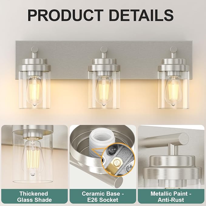 IZORRO Bathroom Vanity Light Fixture, 3-Light 22 Inch Brushed Nickel Bathroom Light Fixtures Over Mirror, with Clear Glass Shade, Modern Farmhouse Vanity Lights, Rustic Restroom Lighting Fixtures