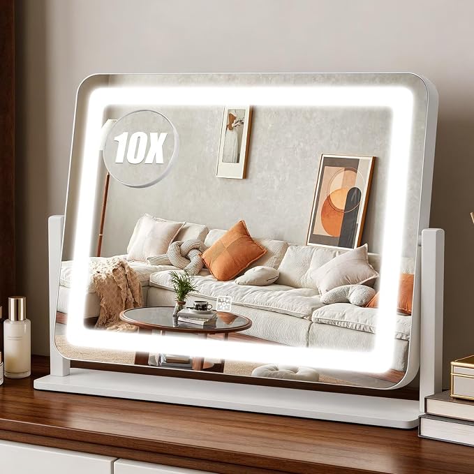 Rechargeable Vanity Mirror with Lights, 3000mAH Battery, 16"×12.4" LED Makeup Mirror, 10X Magnification, Smart Touch with 3-Color Lighting, 360° Rotation, Lighted Up for Makeup Desk, Bedroom (White)