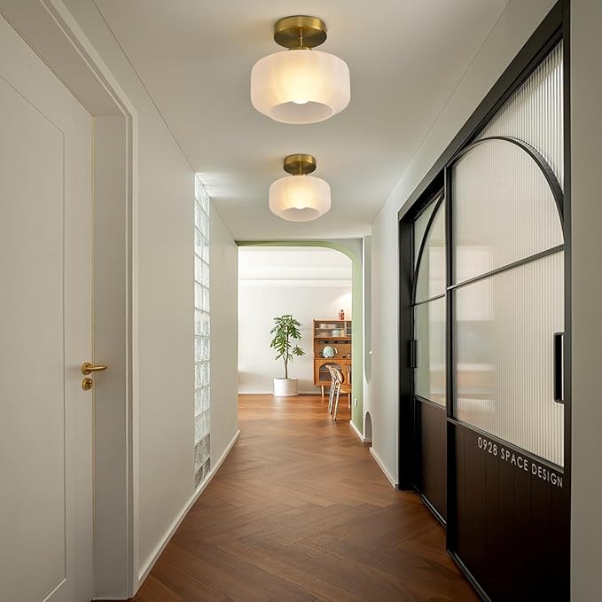 Industrial Gold Matte Light Fixtures Ceiling Mount, with Frosted Glass Shades Semi Flush Mount Ceiling Light, for Hallway Fixtures Kitchen, Foyer