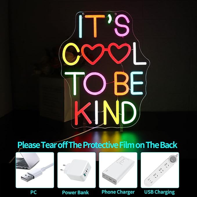 Neon Sign, HSJNJKFU It's Cool To Be Kind Neon Signs for Wall Decor Led Light up Signs for Classroom, Room, Library, Office, Party, Man Cave Home Decor - Led Sign USB Powered