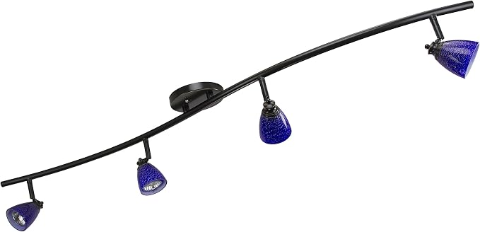 4 Lights Fixed Track Lighting Kit - Dark Bronze Finish - Blue Glass Shade - Wave Bar - D268-44C-DB-BLS