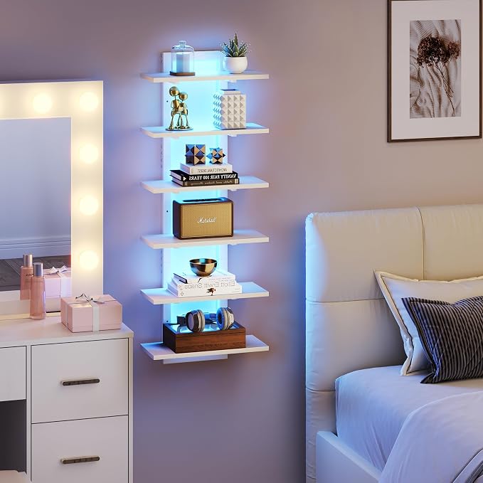 6 Tier Wall Shelf Unit Floating Shelves with LED Light, Vertical Wall Shelf, Wall Mounted Display Shelf for Living Room, Bedroom, Vanity, 15" W x 5.9" D x 43.3" H, White