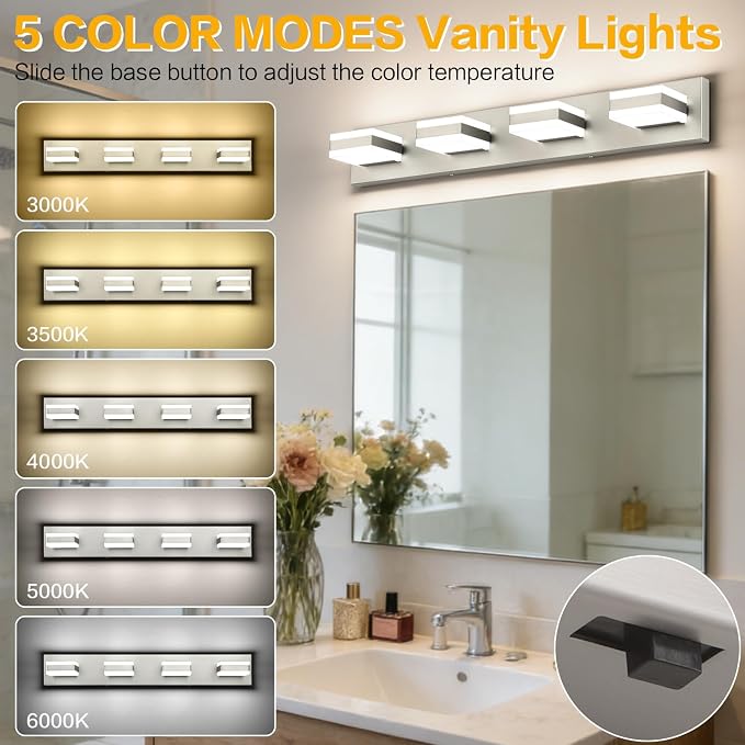 SOLFART Bathroom Vanity Lights, Adjustable Brushed Nickel Vanity Light for Bathroom,LED Light Fixtures Over Mirror,5 Color Temperature 4 Lights 5CCT